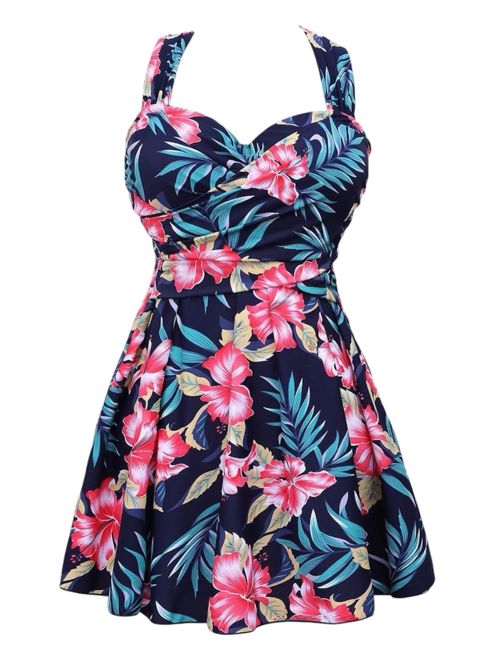 COCOPEAR Navy Floral Skirted Crossover One Piece Swimsuit Dress Plus Size 3X